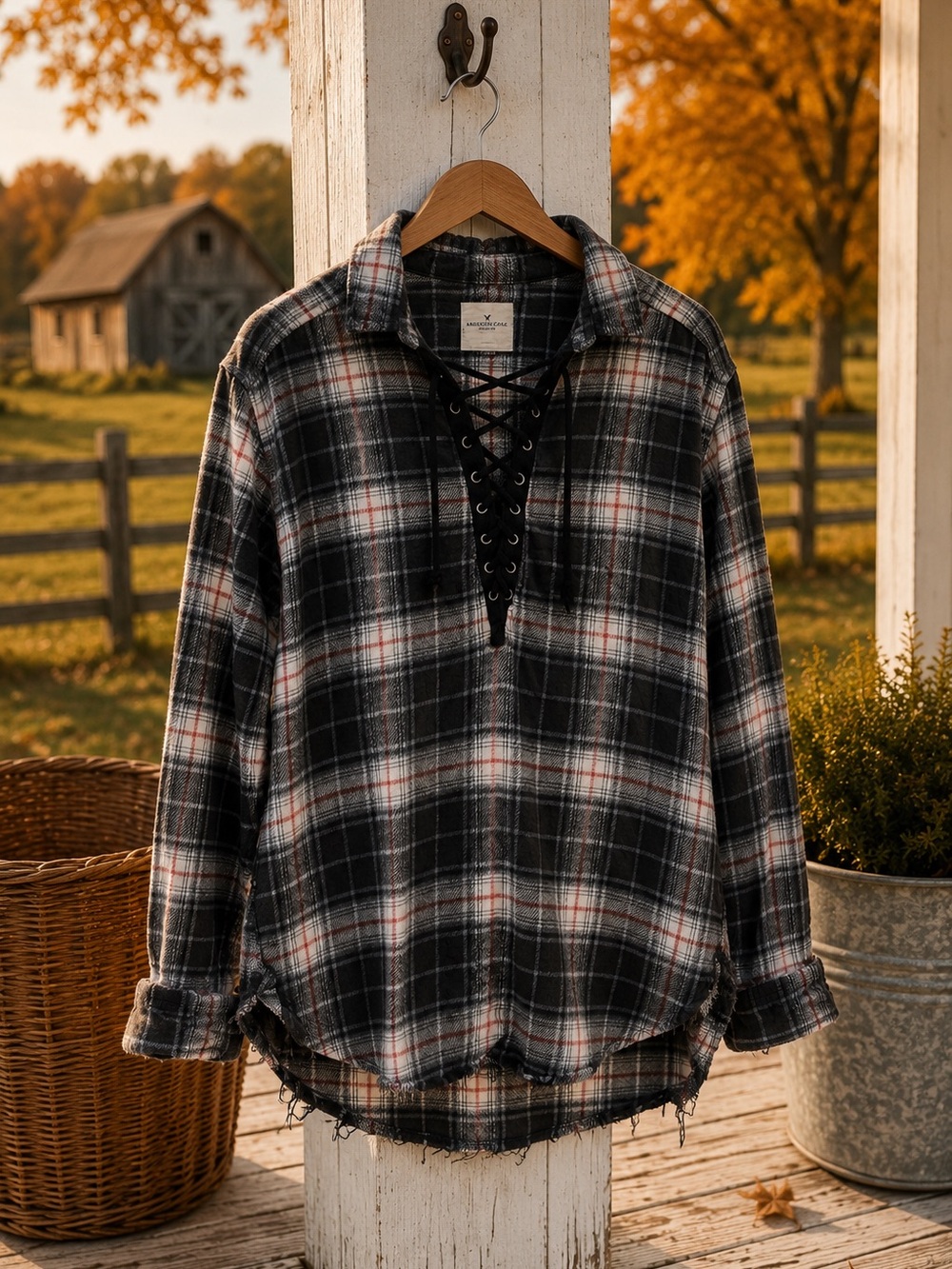 American Eagle Plaid Flannel Lace Up Distressed Shirt Blouse Pull Over - Size M
